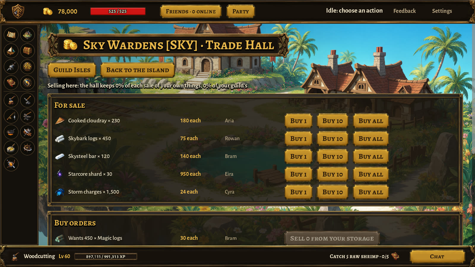 A guild's Trade Hall with items for sale and buy orders